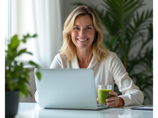Healthy woman in her late 30s juggling work, family, and self-care, looking balanced and energetic
