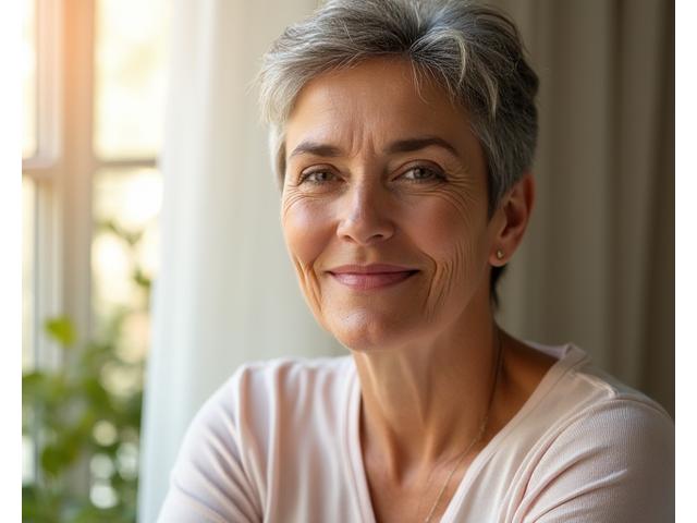 Confidant woman in her late 40s or early 50s embracing a vibrant lifestyle, perhaps engaging in a mindful activity