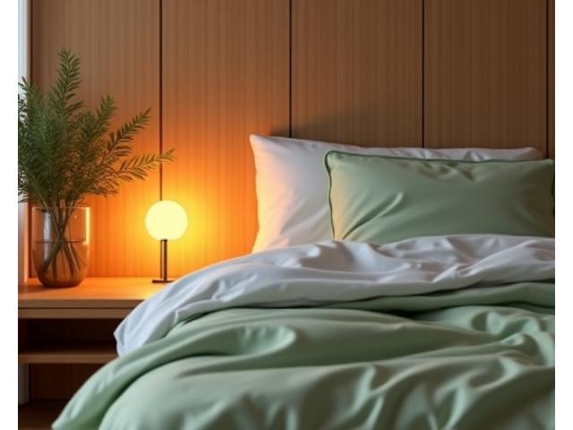 A serene bedroom scene with soft lighting, crisp white linens, and a dim amber nightlight, suggesting optimal sleep environment.